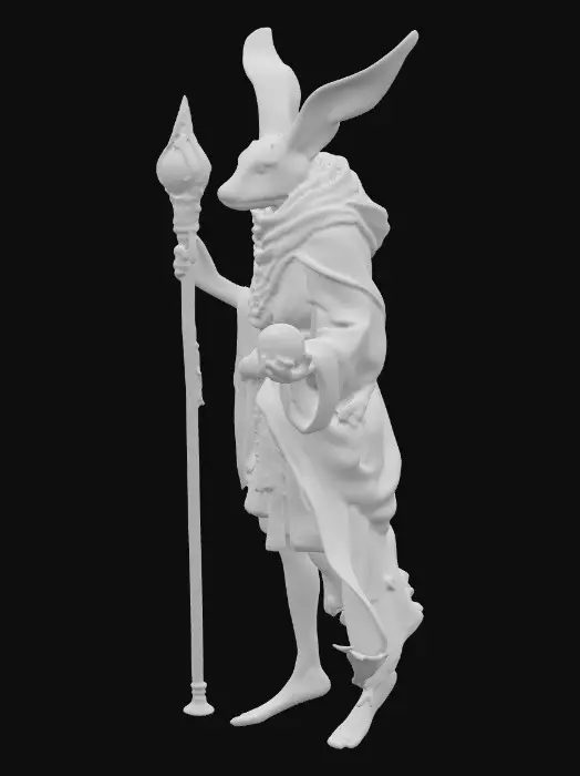 3D model for A slender bipedal humanoid Ashwalker healer, fused with a Desert Hare, features long expressive ears. It wears flowing desert robes in sunset chrome colors—gold, amber, deep orange, and rose hues—with a reflective metallic sheen. Its agile humanoid limbs are suitable for precise healing gestures. Softly glowing amber eyes complement a staff in matching sunset chrome tones, crowned with a luminous orb. The figure embodies a mystical and protective presence., #PBR#