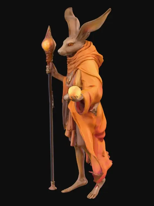 3D model for A slender bipedal humanoid Ashwalker healer, fused with a Desert Hare, features long expressive ears. It wears flowing desert robes in sunset chrome colors—gold, amber, deep orange, and rose hues—with a reflective metallic sheen. Its agile humanoid limbs are suitable for precise healing gestures. Softly glowing amber eyes complement a staff in matching sunset chrome tones, crowned with a luminous orb. The figure embodies a mystical and protective presence., #PBR#