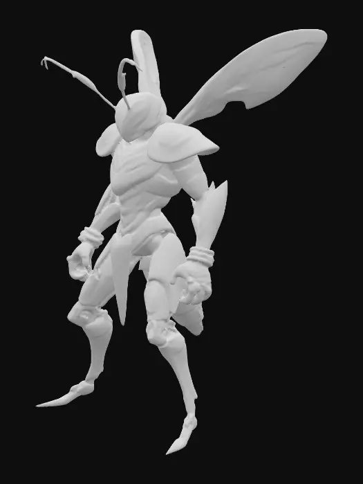 3D model for A bipedal desert locust warrior features an insectoid body with prominent chitinous details. It is clad in sleek, segmented stormy chrome plate armor with golden accents, shimmering with desert chrome hues. The warrior wields electrified fist weapons, with lightning arcs visibly glowing around its claws. Its posture is agile and menacing, poised to unleash storm-charged punches, while subtle swarm motifs are etched into the chrome armor., #PBR#