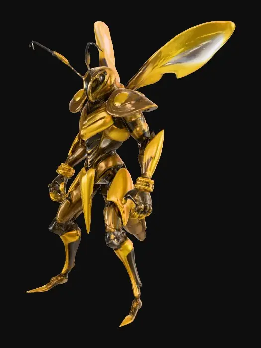 3D model for A bipedal desert locust warrior features an insectoid body with prominent chitinous details. It is clad in sleek, segmented stormy chrome plate armor with golden accents, shimmering with desert chrome hues. The warrior wields electrified fist weapons, with lightning arcs visibly glowing around its claws. Its posture is agile and menacing, poised to unleash storm-charged punches, while subtle swarm motifs are etched into the chrome armor., #PBR#