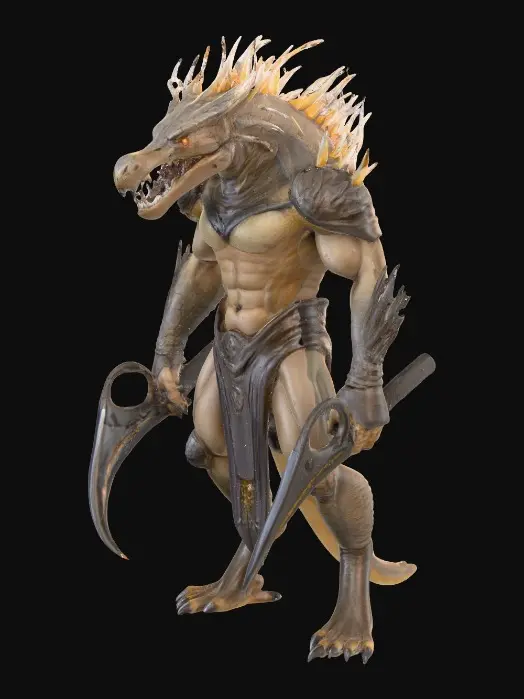 3D model for A lean yet muscular humanoid Ashwalker warrior, fused with a Postosuchus, possesses scaly desert skin in muted sandstone tones with darker ash-gray ridges. Its head has an elongated snout, sharp teeth exposed in a feral snarl, and piercing amber predator eyes. The figure wears jagged, lightweight desert-forged chrome plate armor, segmented and shimmering faintly. It dual-wields one-handed curved blades, also of desert chrome, glowing faintly with ember-like accents, in an agile, low, predatory stance., #PBR#