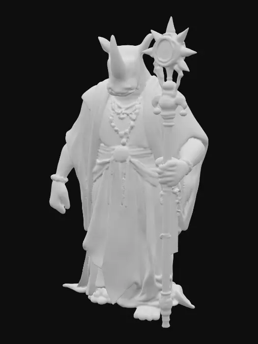 3D model for A colossal, towering humanoid Ashwalker healer, fused with a Paraceratherium, presents a massive yet calm body with desert-toned leathery skin and faint hornless rhino features, including an elongated face and powerful build. Wise amber eyes complete its majestic appearance. Draped in flowing robes of shimmering sunset chrome hues—golds, ambers, rose, deep bronze—the fabric is adorned with intricate, faintly glowing golden scripture patterns. It carries a giant healing staff, crafted from obsidian and chrome, topped with a radiant crystal orb pulsing with warm desert energy., #PBR#