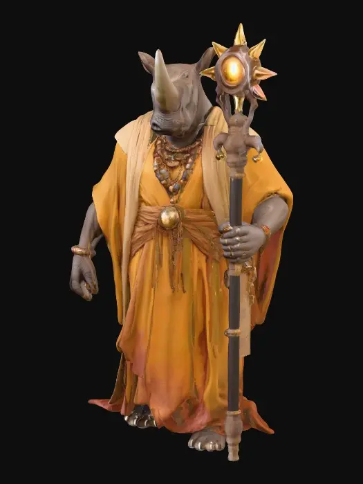 3D model for A colossal, towering humanoid Ashwalker healer, fused with a Paraceratherium, presents a massive yet calm body with desert-toned leathery skin and faint hornless rhino features, including an elongated face and powerful build. Wise amber eyes complete its majestic appearance. Draped in flowing robes of shimmering sunset chrome hues—golds, ambers, rose, deep bronze—the fabric is adorned with intricate, faintly glowing golden scripture patterns. It carries a giant healing staff, crafted from obsidian and chrome, topped with a radiant crystal orb pulsing with warm desert energy., #PBR#