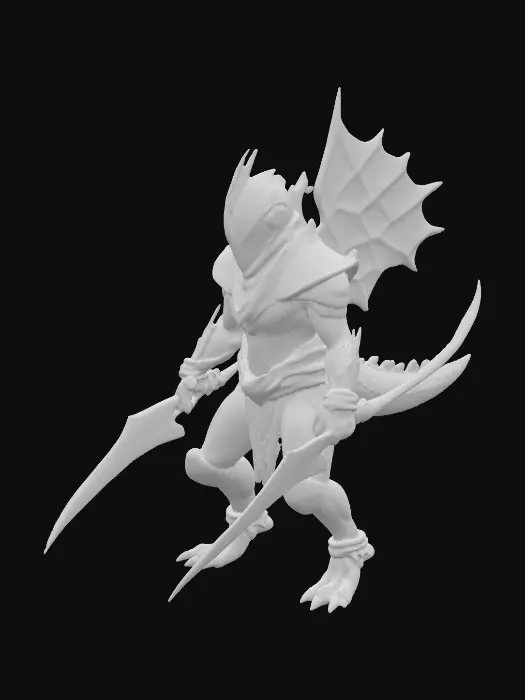 3D model for A lean yet muscular bipedal humanoid Ashwalker warrior, fused with a Dimetrodon, has a body covered in rugged desert scales of sandy browns, deep reds, and muted obsidian streaks. Its striking feature is a massive, jagged sail rising from its back, glowing faintly with ember-like cracks. Eyes burn with molten amber light. Armor, forged from desert chrome and obsidian steel, is fused into its form. It dual-wields curved sabers, each blade glowing with faint solar energy, in a low, aggressive, predator-like stance., #PBR#