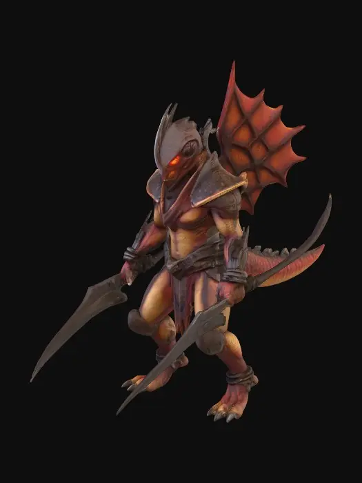 3D model for A lean yet muscular bipedal humanoid Ashwalker warrior, fused with a Dimetrodon, has a body covered in rugged desert scales of sandy browns, deep reds, and muted obsidian streaks. Its striking feature is a massive, jagged sail rising from its back, glowing faintly with ember-like cracks. Eyes burn with molten amber light. Armor, forged from desert chrome and obsidian steel, is fused into its form. It dual-wields curved sabers, each blade glowing with faint solar energy, in a low, aggressive, predator-like stance., #PBR#