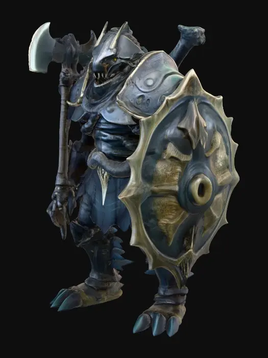3D model for A colossal, towering anthropomorphic Tideforged Tanker, fused with a Dunkleosteus, is heavily armored with thick, jagged plates of metallic bone, reflecting dark oceanic steel with deep abyssal etchings. Its broad, angular head features an iconic Dunkleosteus jaw fused into a menacing armored helmet, from which glowing abyssal eyes stare. The figure wields a massive two-handed anchor-axe hybrid with jagged blades glowing faintly with abyssal blue light, and a colossal shield of fused coral and fossil bone., #PBR#
