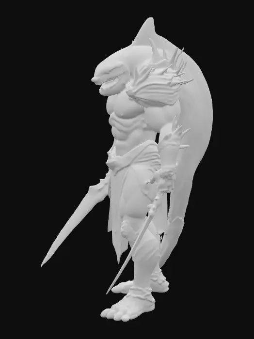 3D model for A muscular and agile humanoid Tideforged warrior, fused with a Megalodon, possesses sleek grey-blue shark skin with faint bioluminescent stripes. Its fierce humanoid face features jagged predatory teeth and glowing abyssal eyes. Clad in sharp, chrome-like deep-sea armor accented with coral and pearl inlays, it dual-wields two massive jagged sabers forged to resemble shark teeth, glowing faintly with deep ocean energy. Its dynamic, aggressive stance is mid-motion, exuding raw predator power., #PBR#