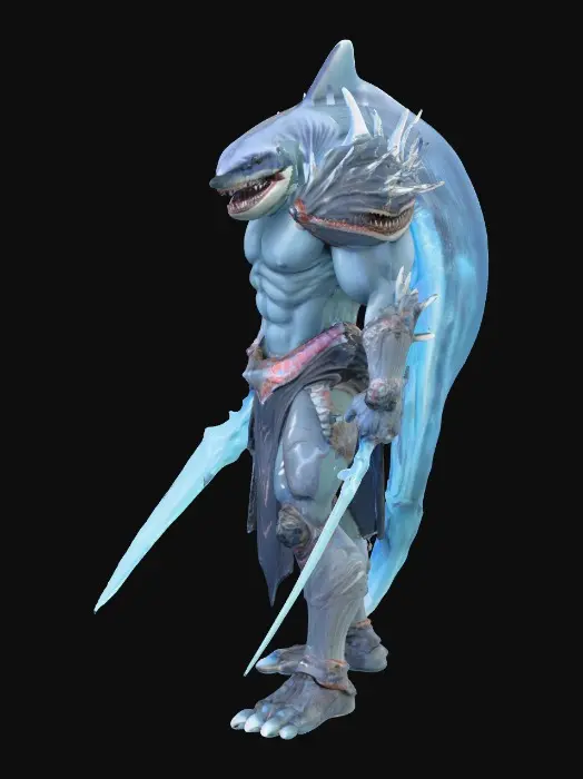 3D model for A muscular and agile humanoid Tideforged warrior, fused with a Megalodon, possesses sleek grey-blue shark skin with faint bioluminescent stripes. Its fierce humanoid face features jagged predatory teeth and glowing abyssal eyes. Clad in sharp, chrome-like deep-sea armor accented with coral and pearl inlays, it dual-wields two massive jagged sabers forged to resemble shark teeth, glowing faintly with deep ocean energy. Its dynamic, aggressive stance is mid-motion, exuding raw predator power., #PBR#