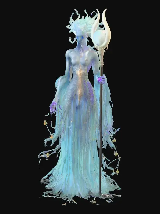 3D model for An ethereal, otherworldly humanoid Tideforged healer, fused with an extinct Anomalocaris, possesses a slender yet graceful bipedal body. Elongated fin-like appendages flow along its arms and back, glowing with soft bioluminescent blues and violets. Its partly humanoid face features large luminous compound eyes, radiating ancient ocean wisdom. Translucent abyssal robes shimmer in teal, violet, and pearlescent white, adorned with coral and pearl accents resembling sacred runes. It holds a long trident-staff carved from abyssal pearl and coral, crowned with a glowing orb pulsing like a living jelly core., #PBR#
