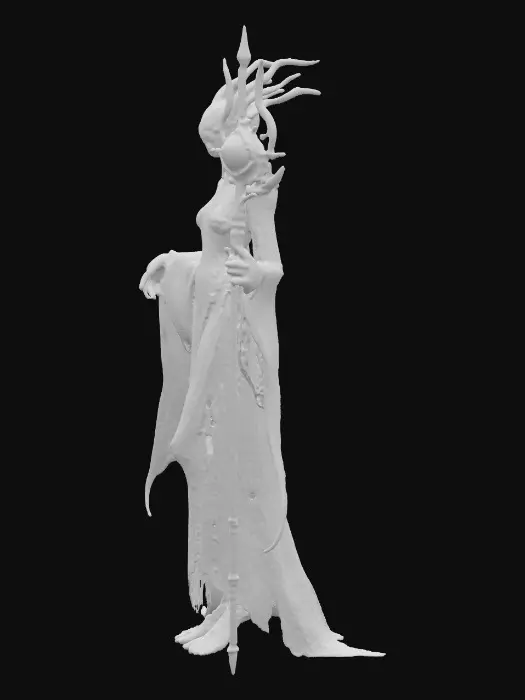 3D model for An ethereal, otherworldly humanoid Tideforged healer, fused with an extinct Anomalocaris, possesses a slender yet graceful bipedal body. Elongated fin-like appendages flow along its arms and back, glowing with soft bioluminescent blues and violets. Its partly humanoid face features large luminous compound eyes, radiating ancient ocean wisdom. Translucent abyssal robes shimmer in teal, violet, and pearlescent white, adorned with coral and pearl accents resembling sacred runes. It holds a long trident-staff carved from abyssal pearl and coral, crowned with a glowing orb pulsing like a living jelly core., #PBR#