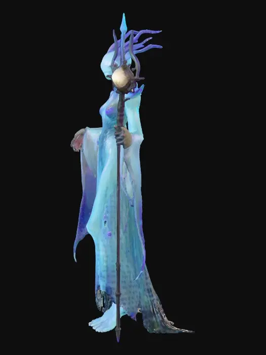 3D model for An ethereal, otherworldly humanoid Tideforged healer, fused with an extinct Anomalocaris, possesses a slender yet graceful bipedal body. Elongated fin-like appendages flow along its arms and back, glowing with soft bioluminescent blues and violets. Its partly humanoid face features large luminous compound eyes, radiating ancient ocean wisdom. Translucent abyssal robes shimmer in teal, violet, and pearlescent white, adorned with coral and pearl accents resembling sacred runes. It holds a long trident-staff carved from abyssal pearl and coral, crowned with a glowing orb pulsing like a living jelly core., #PBR#