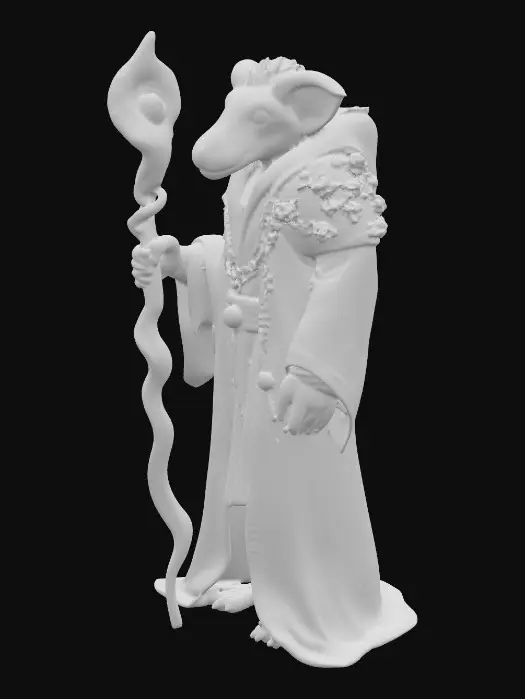 3D model for A colossal humanoid healer, fused with a Diprotodon, possesses sand-colored fur with glowing fungal bioluminescent patterns. Its humanoid face, featuring a broad snout and soulful eyes glowing green-violet, conveys calm and wisdom. Draped in flowing duskborn robes of shimmering shadowy fabrics, accented with emerald and amethyst and runes, its back displays glowing fungal growths. It holds a massive staff of twisted blackened wood, wrapped in glowing fungi and crystals, crowned with a pulsating dusk orb, in a protective and serene stance.