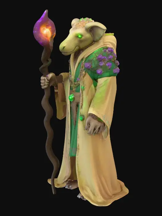 3D model for A colossal humanoid healer, fused with a Diprotodon, possesses sand-colored fur with glowing fungal bioluminescent patterns. Its humanoid face, featuring a broad snout and soulful eyes glowing green-violet, conveys calm and wisdom. Draped in flowing duskborn robes of shimmering shadowy fabrics, accented with emerald and amethyst and runes, its back displays glowing fungal growths. It holds a massive staff of twisted blackened wood, wrapped in glowing fungi and crystals, crowned with a pulsating dusk orb, in a protective and serene stance.