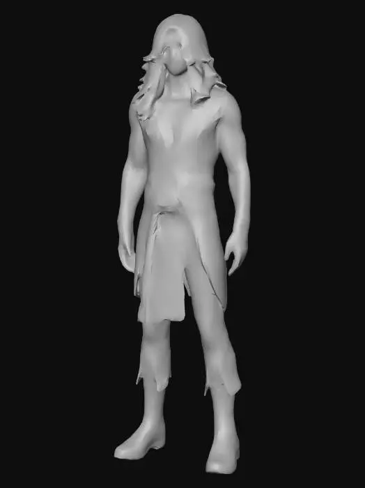 3D model for Мужской персонаж. Длинные, густые, волнистые белые волосы до пояса, частично закрывающие плечи. Пронзительные красные глаза с легким прищуром, выражающим очарование и улыбку. Ромбовидная красная метка на лбу, инкрустированная в кожу. Мягкие черты лица, слегка заостренный подбородок, тонкие губы. Кожа светлая, гладкая. Телосложение атлетическое, изящное, утонченное, с хорошо прорисованными, но не чрезмерно объемными мышцами рук. Умеренно широкие плечи. Одет в обтягивающий черный жилет без рукавов, высокий воротник-стойка, золотистый узор, крупный красный круглый камень по центру груди. Жилет закрывает торс. Широкий черный пояс с золотистой пряжкой, красным камнем, золотым орнаментом, свисающие тонкие золотые цепочки с мелкими красными бусинами. Черные кожаные сапоги. Полный рост.