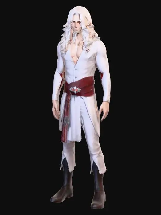 3D model for Мужской персонаж. Длинные, густые, волнистые белые волосы до пояса, частично закрывающие плечи. Пронзительные красные глаза с легким прищуром, выражающим очарование и улыбку. Ромбовидная красная метка на лбу, инкрустированная в кожу. Мягкие черты лица, слегка заостренный подбородок, тонкие губы. Кожа светлая, гладкая. Телосложение атлетическое, изящное, утонченное, с хорошо прорисованными, но не чрезмерно объемными мышцами рук. Умеренно широкие плечи. Одет в обтягивающий черный жилет без рукавов, высокий воротник-стойка, золотистый узор, крупный красный круглый камень по центру груди. Жилет закрывает торс. Широкий черный пояс с золотистой пряжкой, красным камнем, золотым орнаментом, свисающие тонкие золотые цепочки с мелкими красными бусинами. Черные кожаные сапоги. Полный рост.