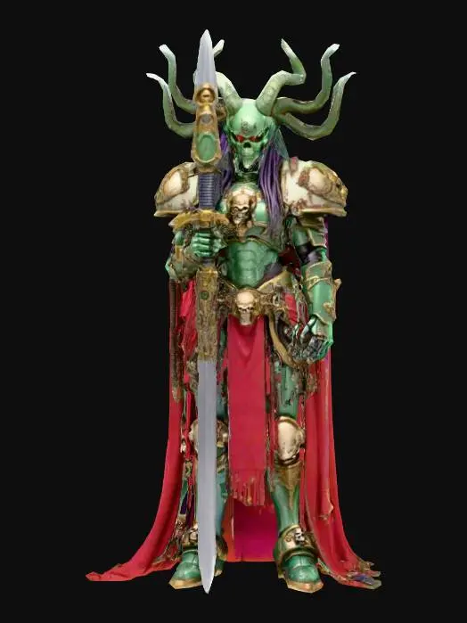 3D model for medusa avec une armure de space marine du chaos , épée de l'empereur en main . Avec des touche de tissu sur l'armure avec des crane humain