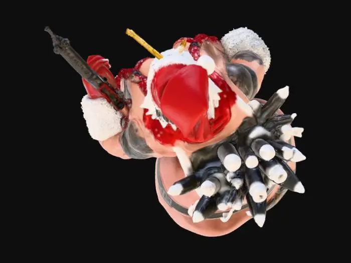 3D model for generate a very angry santa claws <---emphisis on the claws wearing nothing but mrs. clauses langeri carrying a bag full of weapons and smoking a giant cigar. he should have traditonal colors red and white and his beard should be a little singed and off white.
he should have a pin up girl tattoo on his arm and thigh high stockings on with combat boots. the combat boots are traditional black and should go up mid calf. the stockings should be candy cane pattern and have cute little bows at the top. he should also be carrying a tommy gun . the gun has a 100 round drum mag. he needs to have the classic big belly but his arms and legs should be those of body builders. he has extruding veins from his neck and have the words ho ho ho under the pin up girl tattoo, #Christmas2025#