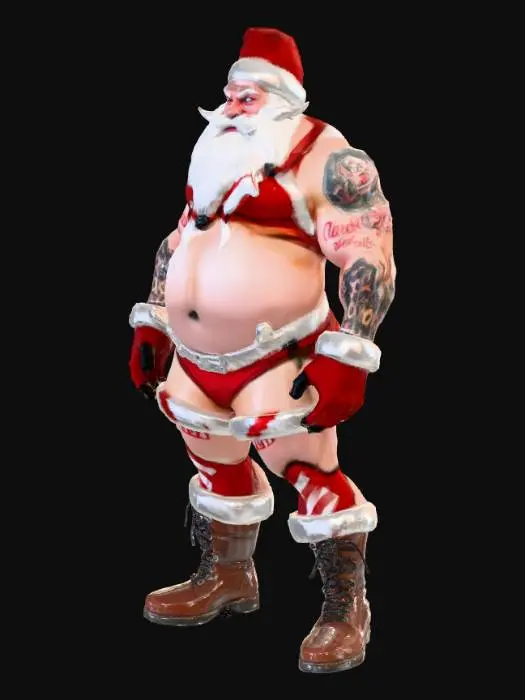 3D model for generate a very angry santa claws <---emphisis on the claws wearing nothing but mrs. clauses langeri carrying a bag full of weapons and smoking a giant cigar. he should have traditonal colors red and white and his beard should be a little singed and off white.
he should have a pin up girl tattoo on his arm and thigh high stockings on with combat boots. the combat boots are traditional black and should go up mid calf. the stockings should be candy cane pattern and have cute little bows at the top. he should also be carrying a tommy gun . the gun has a 100 round drum mag. he needs to have the classic big belly but his arms and legs should be those of body builders. he has extruding veins from his neck and have the words ho ho ho under the pin up girl tattoo, #Christmas2025#