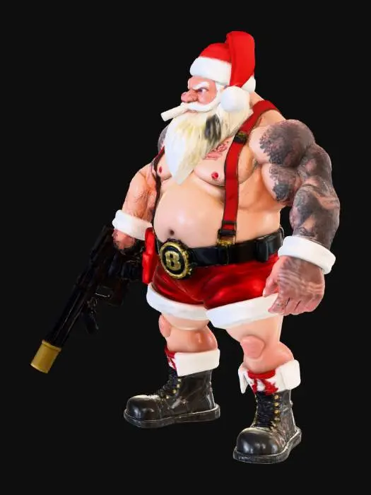 3D model for generate a very angry santa claws <---emphisis on the claws wearing nothing but suspenders and a speedo carrying a bag full of weapons and smoking a giant cigar. he should have traditonal colors red and white and his beard should be a little singed and off white.
he should have a pin up girl tattoo on his arm and thigh high stockings on with combat boots. the combat boots are traditional black and should go up mid calf. the stockings should be candy cane pattern and have cute little bows at the top. he should also be carrying a tommy gun . the gun has a 100 round drum mag. he needs to have the classic big belly but his arms and legs should be those of body builders. he has extruding veins from his neck and have the words ho ho ho under the pin up girl tattoo
