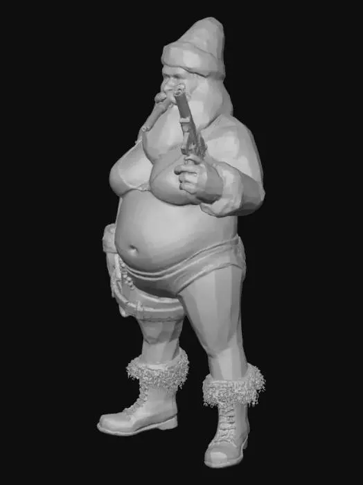 3D model for generate a very angry santa claws <---emphisis on the claws wearing nothing but mrs. clauses langeri carrying a bag full of weapons and smoking a giant cigar. he should have traditonal colors red and white and his beard should be a little singed and off white.
he should have a pin up girl tattoo on his arm and thigh high stockings on with combat boots. the combat boots are traditional black and should go up mid calf. the stockings should be candy cane pattern and have cute little bows at the top. he should also be carrying a tommy gun . the gun has a 100 round drum mag. he needs to have the classic big belly but his arms and legs should be those of body builders. he has extruding veins from his neck and have the words ho ho ho under the pin up girl tattoo, #Christmas2025#