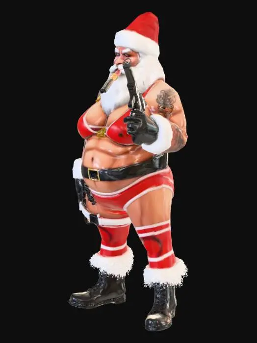 3D model for generate a very angry santa claws <---emphisis on the claws wearing nothing but mrs. clauses langeri carrying a bag full of weapons and smoking a giant cigar. he should have traditonal colors red and white and his beard should be a little singed and off white.
he should have a pin up girl tattoo on his arm and thigh high stockings on with combat boots. the combat boots are traditional black and should go up mid calf. the stockings should be candy cane pattern and have cute little bows at the top. he should also be carrying a tommy gun . the gun has a 100 round drum mag. he needs to have the classic big belly but his arms and legs should be those of body builders. he has extruding veins from his neck and have the words ho ho ho under the pin up girl tattoo, #Christmas2025#