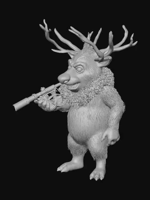 3D model for #Christmas2025#, rudolf transformed into a grotesqe humanoid creature with an elf-shooting bazooka he should looked derraged and frazzeled but most of all terrifying while still adhearing to the christmas theme for the coloring his fur should be brown and his nose should still glow bright red for iditification