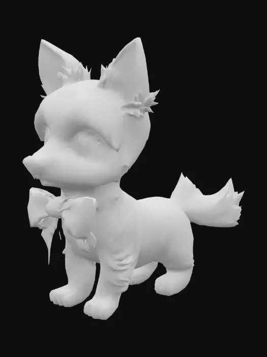 3D model for chibi style model of Toto from the Wizard of Oz stories. Toto is a small, black terrier dog with long, silky hair and big, black eyes that twinkled merrily. He is also wearing a blue gingham ribbon with a flattened bow around his neck. Thick lines. Deep and bold embossed and engraved details. Well-defined and bold edges. Sculpted blocky style. Highly detailed. Highly stylized. 