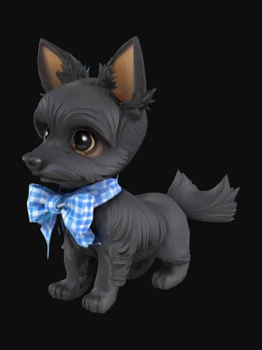 3D model for chibi style model of Toto from the Wizard of Oz stories. Toto is a small, black terrier dog with long, silky hair and big, black eyes that twinkled merrily. He is also wearing a blue gingham ribbon with a flattened bow around his neck. Thick lines. Deep and bold embossed and engraved details. Well-defined and bold edges. Sculpted blocky style. Highly detailed. Highly stylized. 