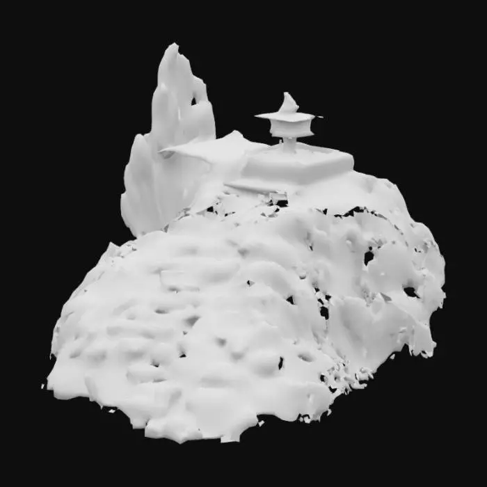 3D model for make a mountain with a long path going up and around it at the top put an arch with a platform to put a backflow incense burner in it so the smoke flows down the stairs and around the mountain
