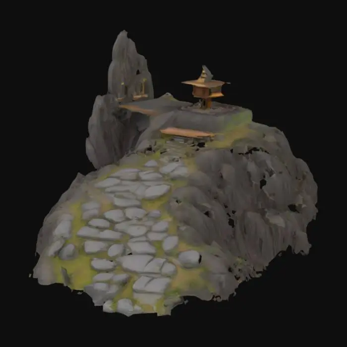 3D model for make a mountain with a long path going up and around it at the top put an arch with a platform to put a backflow incense burner in it so the smoke flows down the stairs and around the mountain
