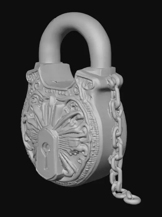 3D model for "3D model of ancient Chinese bronze padlock, detailed 3D object, high poly, realistic, green and brown corrosion, heavy chain attached, keyhole visible, lying on stone step, Blender render, white background, front and side views"