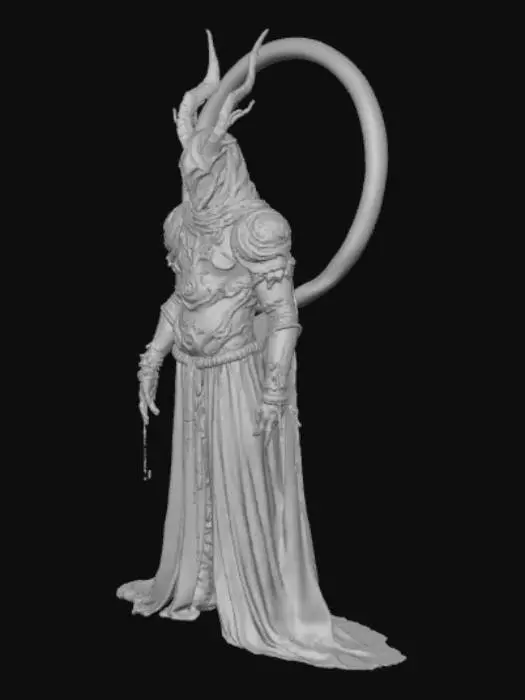 3D model for #villain#, dark 3D villain: Rust Saint with gear-halo. Full-body, strong silhouette. Materials: scorched steel, wax residue, oil drips. Props: floating gear-halo, stitched mouth. Style: cinematic CGI, PBR, high microdetail. Lighting: strong rim + soft fill + subtle volumetric godrays, low key. Pose: prayer stance. Environment: industrial chapel, sparse dust. Palette: #5A2C1E,#A35C2A,#D2B48C. Camera: 35mm, slight low angle, mid-to-full body, rule of thirds. Render: ultra-hi-res, GI, DoF, subtle motion blur. Keep cohesive, minimal clutter, readable silhouette. Avoid: cute, cartoonish, oversaturated, plastic sheen, logos, text.