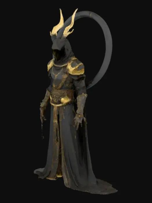 3D model for #villain#, dark 3D villain: Rust Saint with gear-halo. Full-body, strong silhouette. Materials: scorched steel, wax residue, oil drips. Props: floating gear-halo, stitched mouth. Style: cinematic CGI, PBR, high microdetail. Lighting: strong rim + soft fill + subtle volumetric godrays, low key. Pose: prayer stance. Environment: industrial chapel, sparse dust. Palette: #5A2C1E,#A35C2A,#D2B48C. Camera: 35mm, slight low angle, mid-to-full body, rule of thirds. Render: ultra-hi-res, GI, DoF, subtle motion blur. Keep cohesive, minimal clutter, readable silhouette. Avoid: cute, cartoonish, oversaturated, plastic sheen, logos, text.