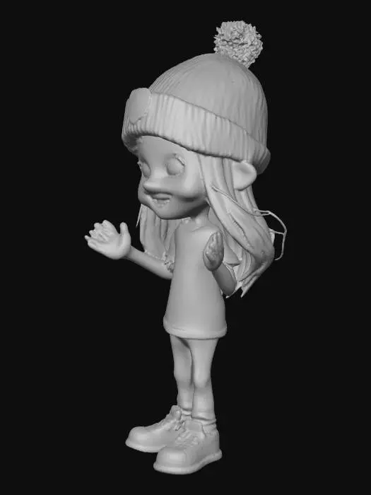 3D model for Clothing: She is wearing a gray knit hat with a pom-pom and various patches, one of which has the NFL (National Football League) logo and the other says "WORK WEAR STANDARD SERVICE". She is probably wearing a light-colored T-shirt under the hat.

Hair: Her long, light brown hair is loose.

Expression: Her smile is wide and she appears to be very happy or cheerful. Her hands are raised, holding her hat or covering her ears.

Lighting: The photo has a soft, perhaps slightly saturated, vintage style.