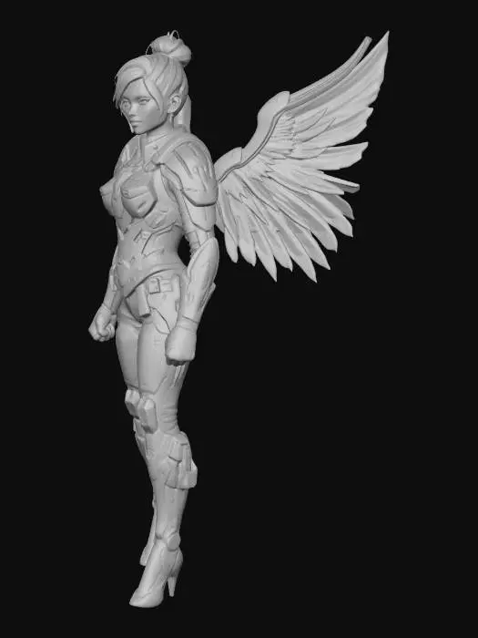 3D model for Hyper-realistic cinematic 3D character model, female angelic medic inspired by Mercy from Overwatch. Realistic facial features, detailed skin texture, blonde hair in a sophisticated updo. Advanced tactical Valkyrie armor with polished silver and deep navy blue accents instead of gold. Large mechanical feather-like wings with soft blue glow. The character is wearing a specialized combat suit. On the back of the vest, the text "Emy" is clearly embossed in bold white futuristic lettering. High-poly detail, 8k textures, professional character design, unreal engine 5 render style, sharp focus.