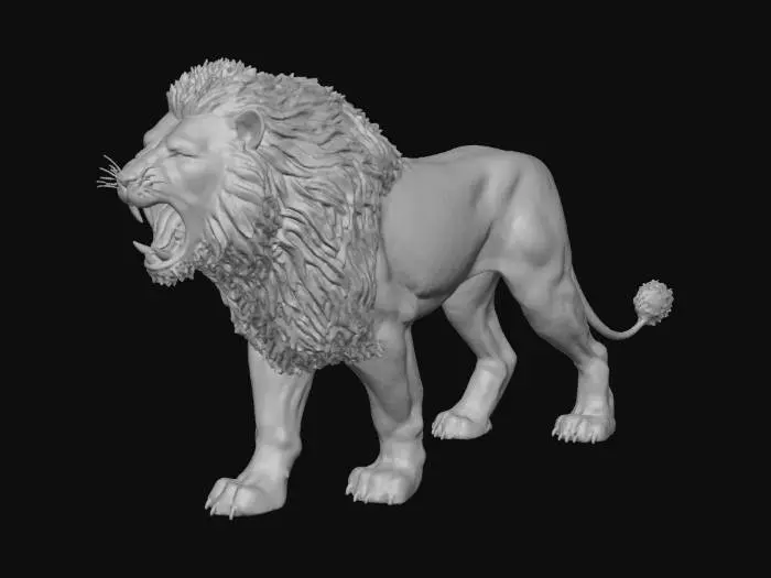 3D model for ultra detailed 3d model of a majestic lion, designed for 3D printing, highly detailed fur texture, realistic muscle structure, symmetrical and clean geometry, heroic pose, mouth slightly open showing sharp teeth, detailed mane with fine strands, optimized for resin printing, sharp and crisp surface details, no background, solid single piece model, ZBrush style, 16K ultra resolution render, cinematic lighting, high-poly sculpt.base for display.realistic fur strands and facial details