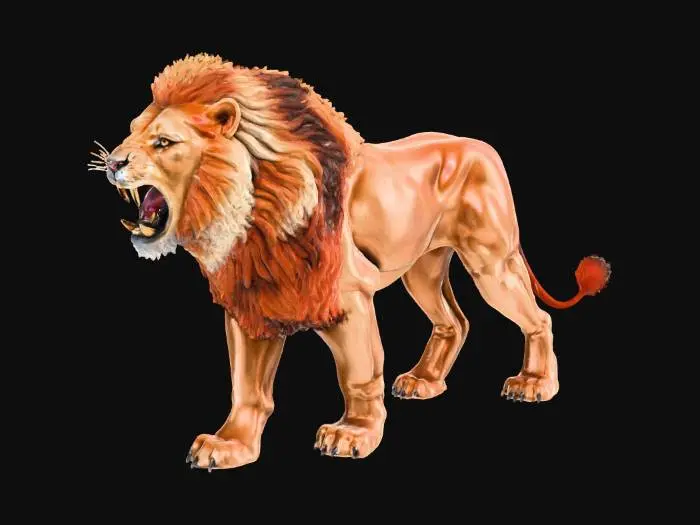 3D model for ultra detailed 3d model of a majestic lion, designed for 3D printing, highly detailed fur texture, realistic muscle structure, symmetrical and clean geometry, heroic pose, mouth slightly open showing sharp teeth, detailed mane with fine strands, optimized for resin printing, sharp and crisp surface details, no background, solid single piece model, ZBrush style, 16K ultra resolution render, cinematic lighting, high-poly sculpt.base for display.realistic fur strands and facial details