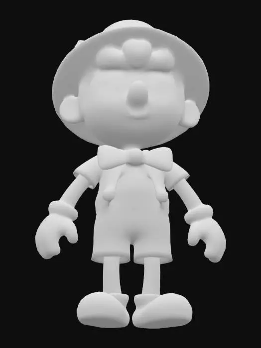 3D model for "Create a 3D model of Pinocchio, showing a half-body design from the waist up. The character should have a wooden puppet aesthetic, with visible wood grain texture on his face, arms, and chest. Include his iconic features, such as a long wooden nose, a red feathered hat, bright blue eyes, and a cheerful expression. Add details like jointed arms and a classic puppet outfit with suspenders, a bow tie, and buttons. The model should have realistic textures and vibrant colors, resembling a handcraf

