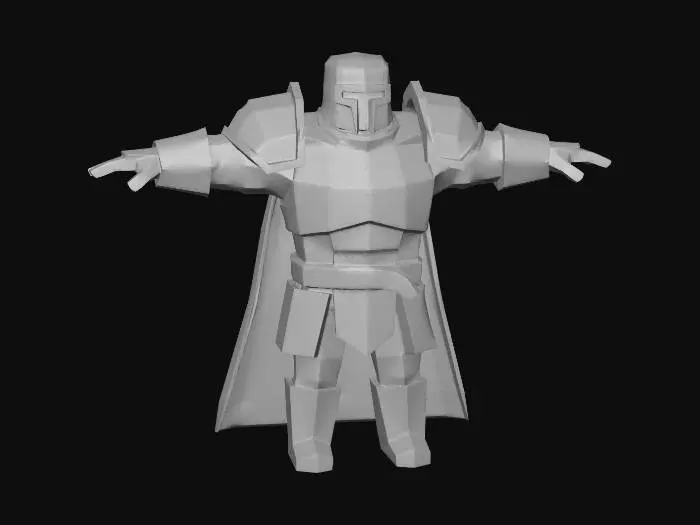 3D model for Stylized isometric low-poly fantasy commander character.
Chunky readable silhouette, small hero on screen.
Knight-like armor with simple shapes, no fine detail.
A short red cape for silhouette contrast.
Mat materials, no shiny reflections, no metallic gloss.
Muted color palette: stone gray armor, dark leather belt, desaturated red cape.
Soft global lighting, soft shadow, no harsh contrast.
Game-ready asset style, clean geometry.
Isometric camera view, 45-55 degree top-down angle, almost orthographic.
No realistic textures, minimal surface noise only. no realistic rendering, no PBR glossy, no ultra detail, no cinematic lighting,
no anime, no pixel sprite sheet, no modern sci-fi
