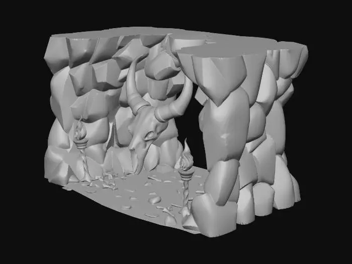 3D model for A low-poly 3D cave entrance environment asset, isolated on a pure black background.
The entire exterior of the cave is fully visible, including the top rock formation and surrounding stone structure.
The cave entrance is built from large jagged rocks, forming a natural arch.
Above the entrance, a large horned skull is embedded in the rock, with smaller skulls and bone decorations hanging symmetrically.
Two primitive bone torches with burning fire stand on each side of the entrance, casting a warm orange glow.
The interior of the cave is partially visible, with firelight illuminating the tunnel inside.
Scattered bones and skeletal remains lie near the entrance.
Stylized low-poly geometry with visible flat polygons, no smooth surfaces, no textures, flat shading only.
Earthy color palette: da