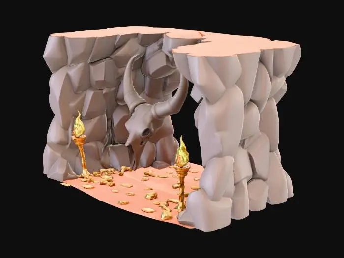 3D model for A low-poly 3D cave entrance environment asset, isolated on a pure black background.
The entire exterior of the cave is fully visible, including the top rock formation and surrounding stone structure.
The cave entrance is built from large jagged rocks, forming a natural arch.
Above the entrance, a large horned skull is embedded in the rock, with smaller skulls and bone decorations hanging symmetrically.
Two primitive bone torches with burning fire stand on each side of the entrance, casting a warm orange glow.
The interior of the cave is partially visible, with firelight illuminating the tunnel inside.
Scattered bones and skeletal remains lie near the entrance.
Stylized low-poly geometry with visible flat polygons, no smooth surfaces, no textures, flat shading only.
Earthy color palette: da