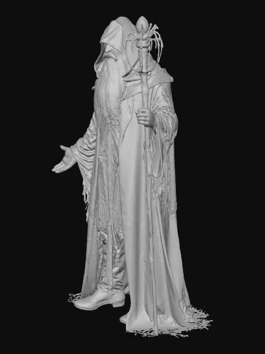 3D model for stregone con barba folta, tunica lunga e logora. In mano uno scettro con alla sommità un ragno