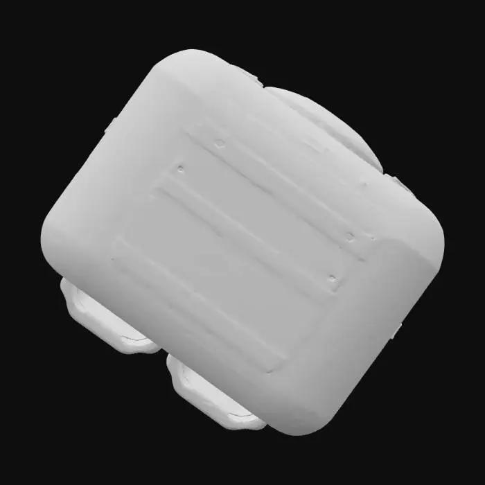 3D model for "Create a realistic 3D model of a smart waste segregation system. The design has 3 labeled dustbins at the bottom: green for wet waste, blue for dry waste, and red for other waste, each on sliding rails for easy removal. On top, include a servo motor controlling a sorting flap that directs garbage into the correct bin. Above the motor, add a small enclosed compartment with a downward-facing camera lens to scan waste before sorting. The input chute is on top, funnel-shaped, guiding waste past the camera. Exterior should be modern, compact, with smooth matte plastic + light metal parts, rounded corners, and engraved waste icons. Show subtle wiring from motor to a control box for a prototype look, styled as an industrial product design."