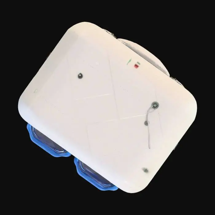 3D model for "Create a realistic 3D model of a smart waste segregation system. The design has 3 labeled dustbins at the bottom: green for wet waste, blue for dry waste, and red for other waste, each on sliding rails for easy removal. On top, include a servo motor controlling a sorting flap that directs garbage into the correct bin. Above the motor, add a small enclosed compartment with a downward-facing camera lens to scan waste before sorting. The input chute is on top, funnel-shaped, guiding waste past the camera. Exterior should be modern, compact, with smooth matte plastic + light metal parts, rounded corners, and engraved waste icons. Show subtle wiring from motor to a control box for a prototype look, styled as an industrial product design."