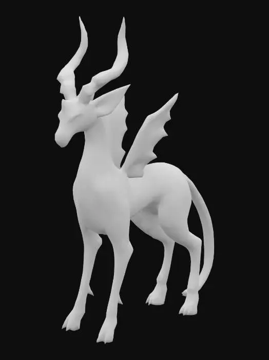 3D model for A stylized, mystical quadruped creature with glowing crystal horns, soft bioluminescent patterns across its body, and a flowing tail made of mist or energy. Its form is elegant and slightly otherworldly, with smooth, game-friendly shapes and simplified anatomy for animation. The creature's eyes glow gently, and subtle magical effects radiate from its body. Designed in a vibrant, hand-painted art style with clean textures, soft color gradients, and a fantasy-inspired aesthetic — blending charm and mystery in a creature suitable for a magical adventure world.