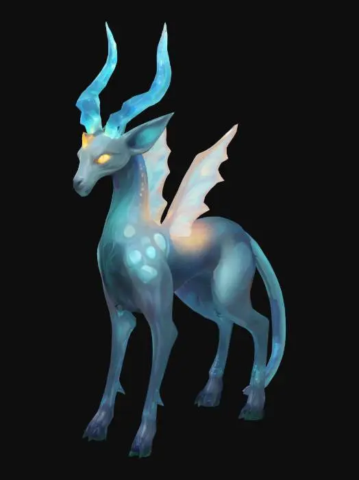 3D model for A stylized, mystical quadruped creature with glowing crystal horns, soft bioluminescent patterns across its body, and a flowing tail made of mist or energy. Its form is elegant and slightly otherworldly, with smooth, game-friendly shapes and simplified anatomy for animation. The creature's eyes glow gently, and subtle magical effects radiate from its body. Designed in a vibrant, hand-painted art style with clean textures, soft color gradients, and a fantasy-inspired aesthetic — blending charm and mystery in a creature suitable for a magical adventure world.