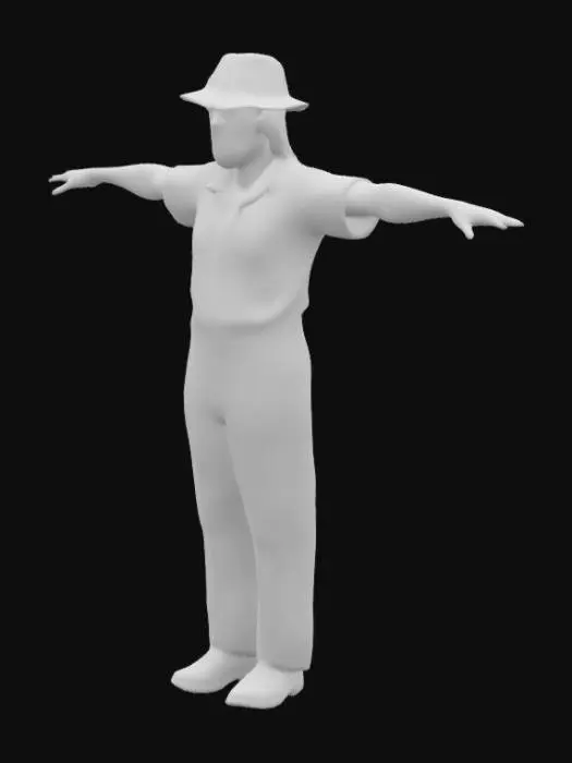 3D model for a curly haired middle aged guy standing with T position wears a old hat and regular clothes 