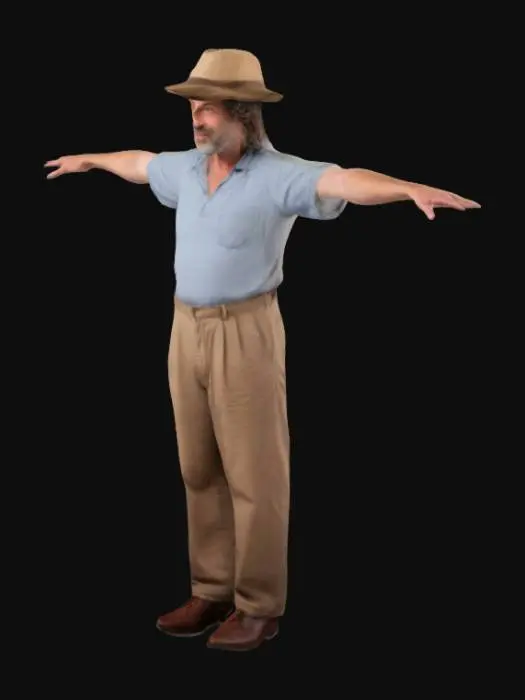 3D model for a curly haired middle aged guy standing with T position wears a old hat and regular clothes 