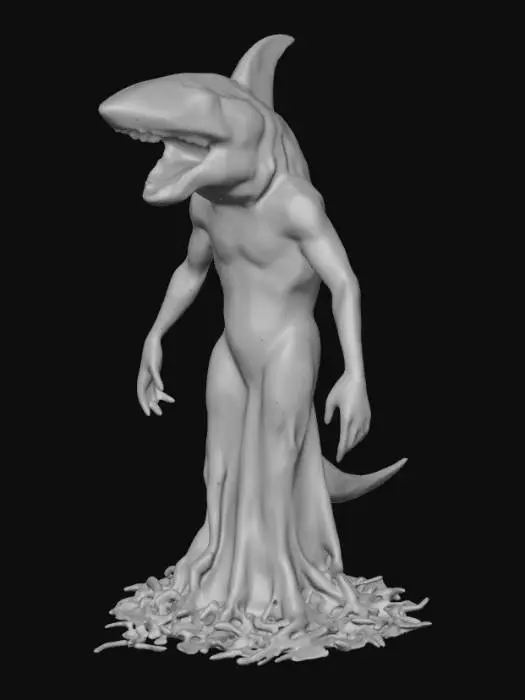 3D model for Haz un personaje con cabeza de tiburon, tronco de persona humana y en vez de piernas la parte baja de un arbol con parte de sus raices