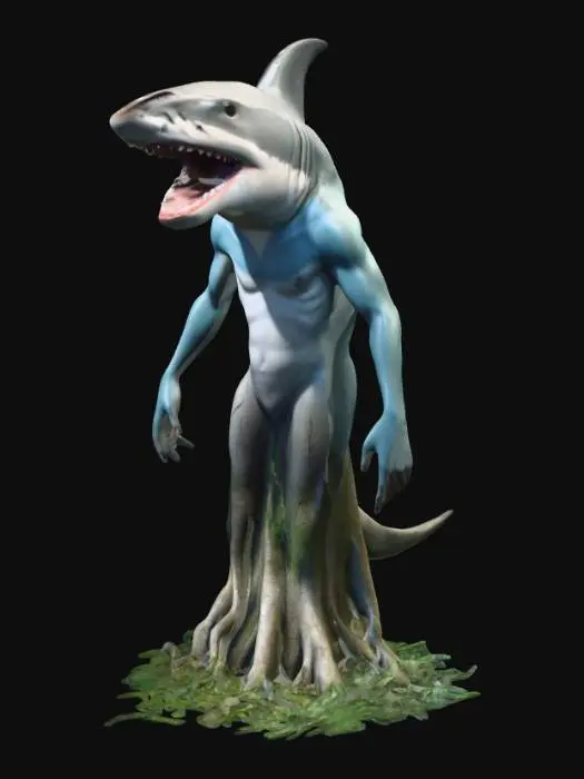 3D model for Haz un personaje con cabeza de tiburon, tronco de persona humana y en vez de piernas la parte baja de un arbol con parte de sus raices